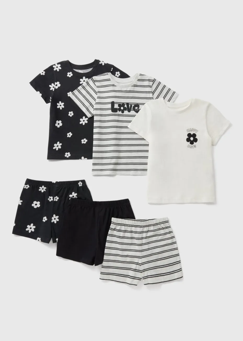 3 Pack Girls Black Daisy Shorts Pyjama Set (7-13yrs)
