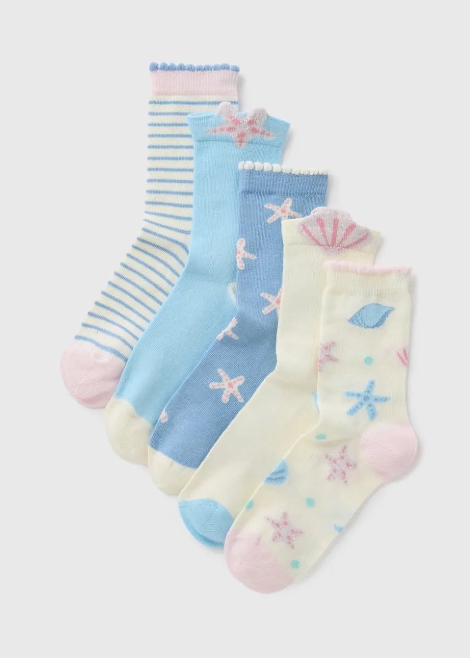 5 Pack Girls Blue Shell Socks (Younger 6-Older 6.5)