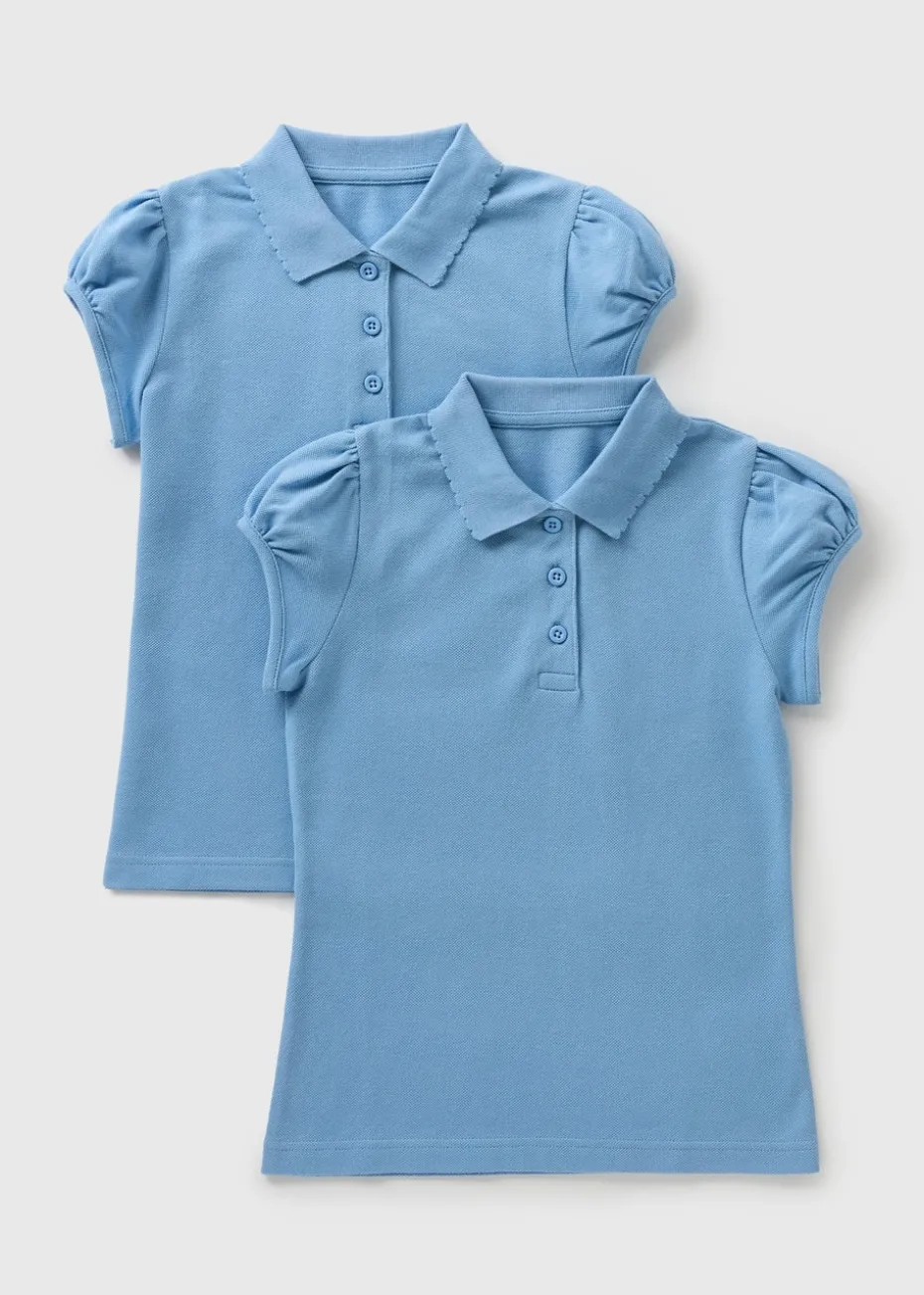 2 Pack Girls Light Blue Scallop Collar School Polo Shirts (3-13yrs)