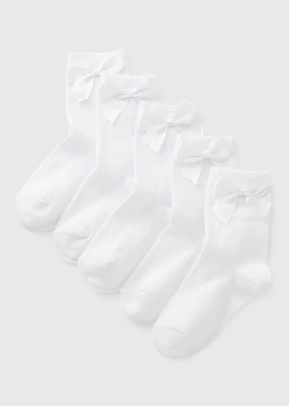 5 Pack Kids White Bow Socks (Younger 9-Older 6.5)