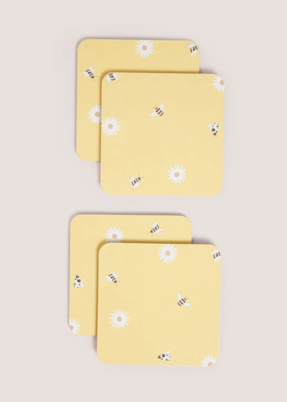 4 Pack Light Yellow Daisy Bee Cork Coasters