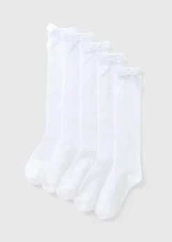 5 Pack of White Bow Knee High Socks (Younger 6-Older 6.5)