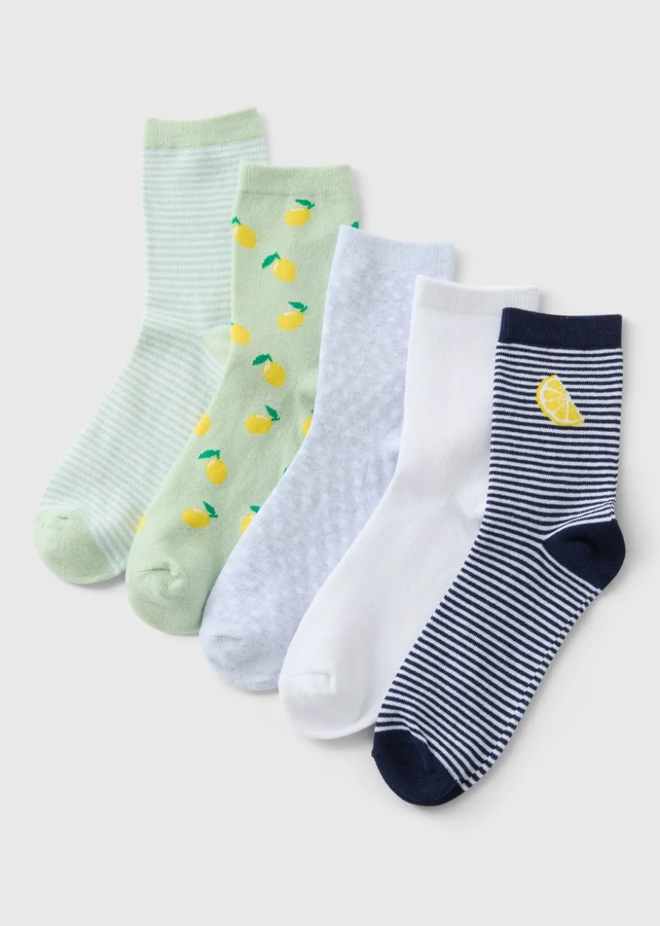 5 Pack White Lemon Design Socks