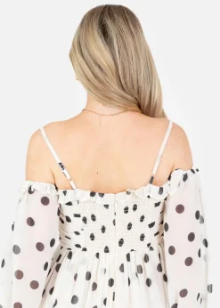 Anaya With Love Cream Polka Dot Bardot Long Sleeve Mini Dress