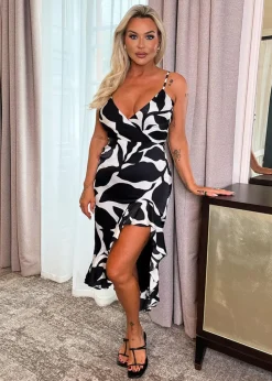 AX Paris Black & White Leaf Print Strappy Wrap Top High Low Frill Hem Midi Dress
