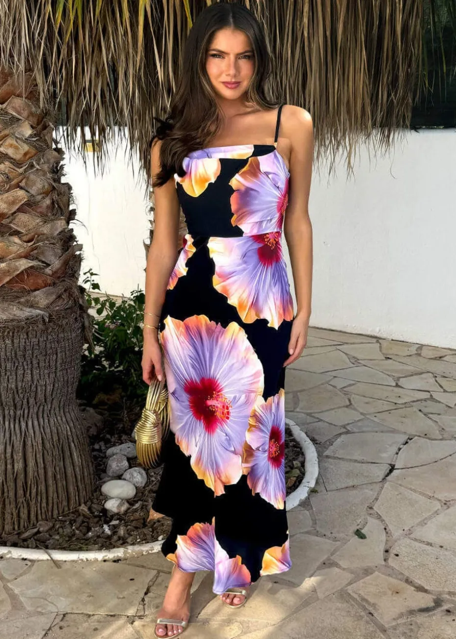 AX Paris Black And Lilac Floral Print Strappy Slip Midi Dress