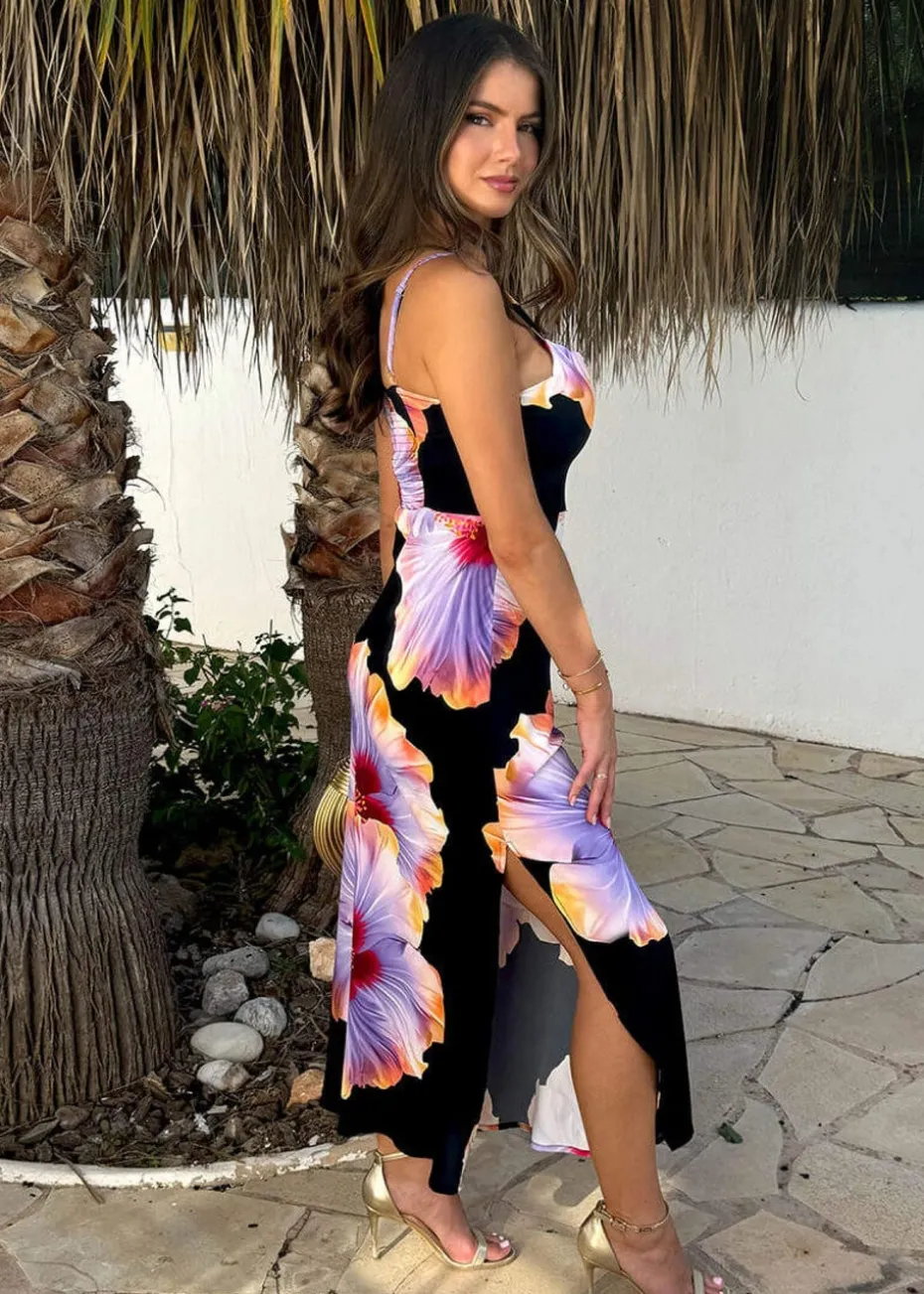 AX Paris Black And Lilac Floral Print Strappy Slip Midi Dress