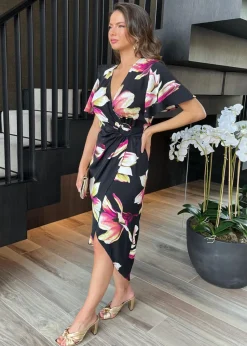AX Paris Black Floral Print Short Sleeve Ring Detail Wrap Midi Dress