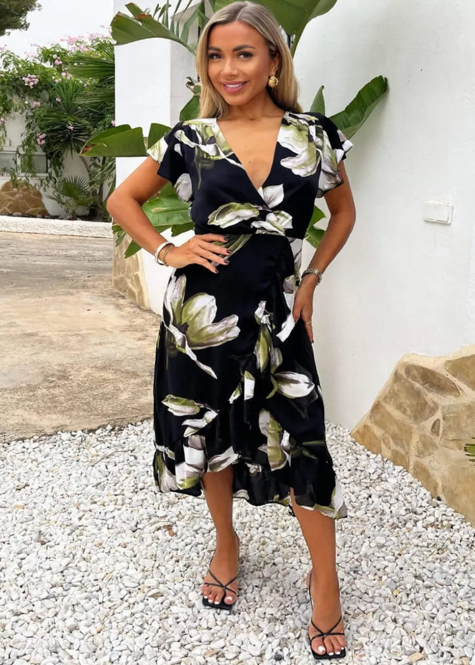 AX Paris Black Floral Print Frill Hem Wrap Midi Dress