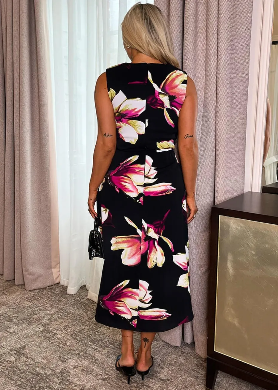 AX Paris Black Floral Print Gathered Midi Dress With Shoulder Pads