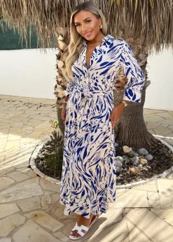 AX Paris Blue Brush Stroke Print 3/4 Sleeve Shirt Midi Dress