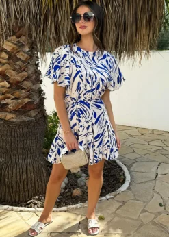 AX Paris Blue Brush Stroke Print Butterfly Sleeve Skater Mini Dress
