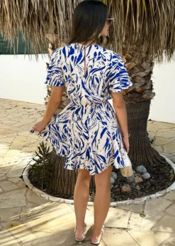 AX Paris Blue Brush Stroke Print Butterfly Sleeve Skater Mini Dress