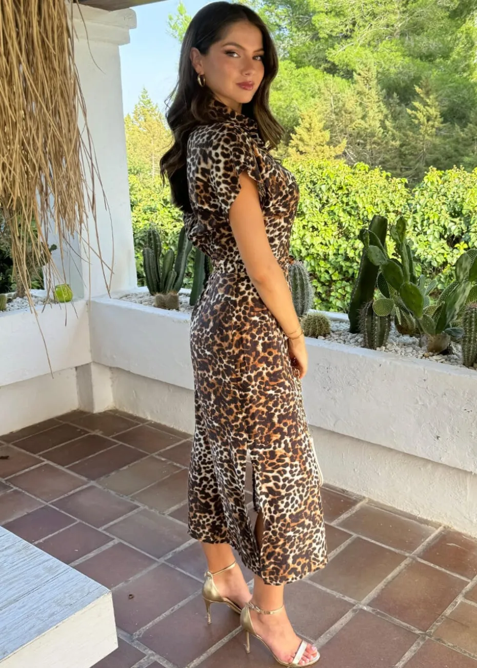 AX Paris Brown Cheetah Print Short Sleeve Midi Shirt Dress