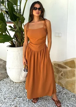 AX Paris Brown Drawstring Tie Straps Ruched Top Midi Dress
