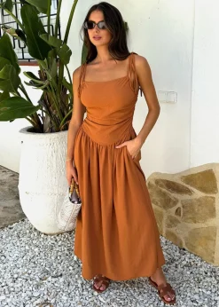 AX Paris Brown Drawstring Tie Straps Ruched Top Midi Dress