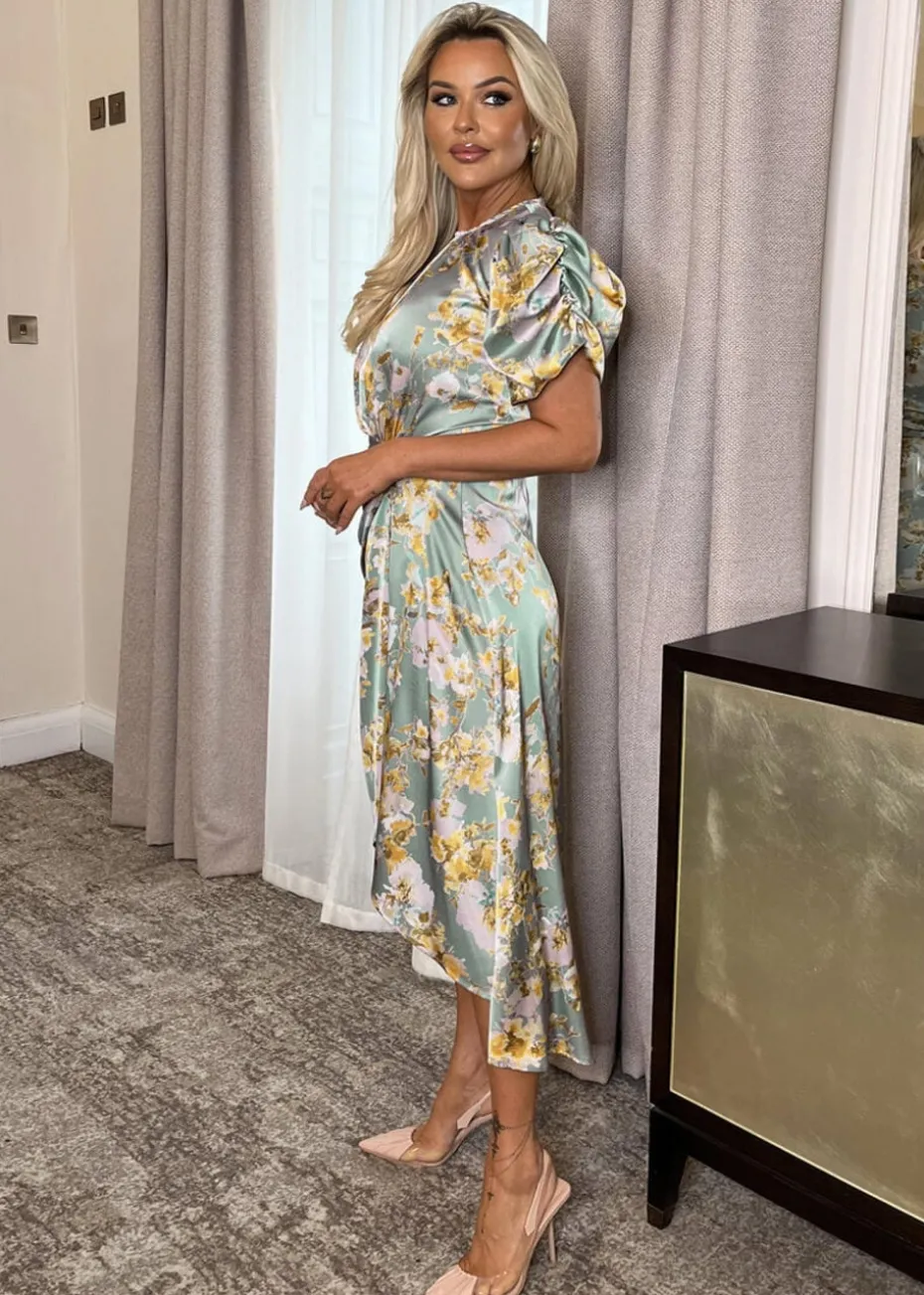 AX Paris Duck Egg Floral Print Puff Sleeve Gathered Side Midi Dress