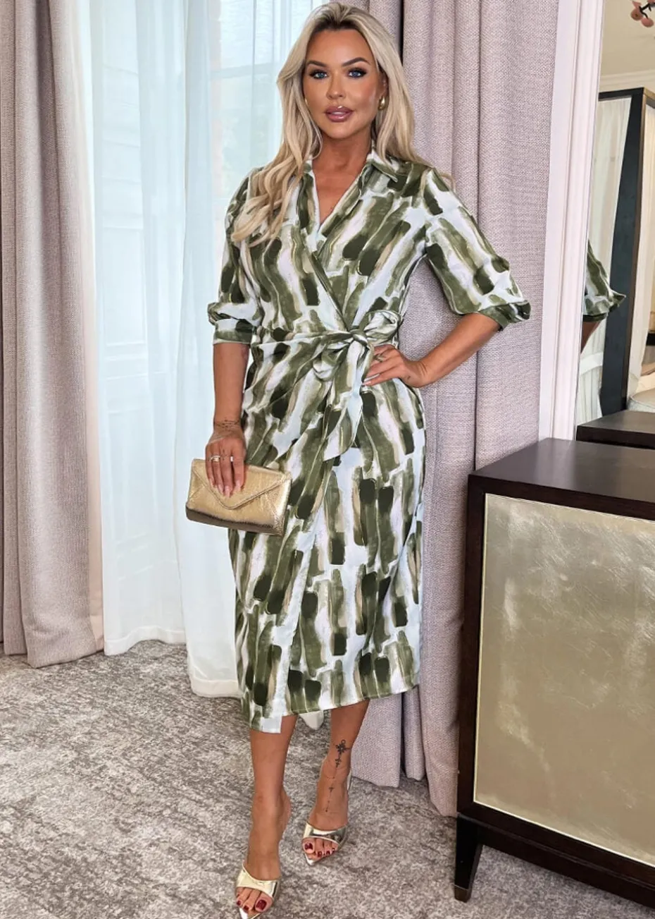 AX Paris Khaki Brush Stroke Print 3/4 Sleeve Tie Waist Wrap Shirt Midi Dress