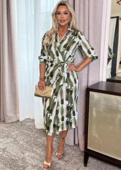 AX Paris Khaki Brush Stroke Print 3/4 Sleeve Tie Waist Wrap Shirt Midi Dress
