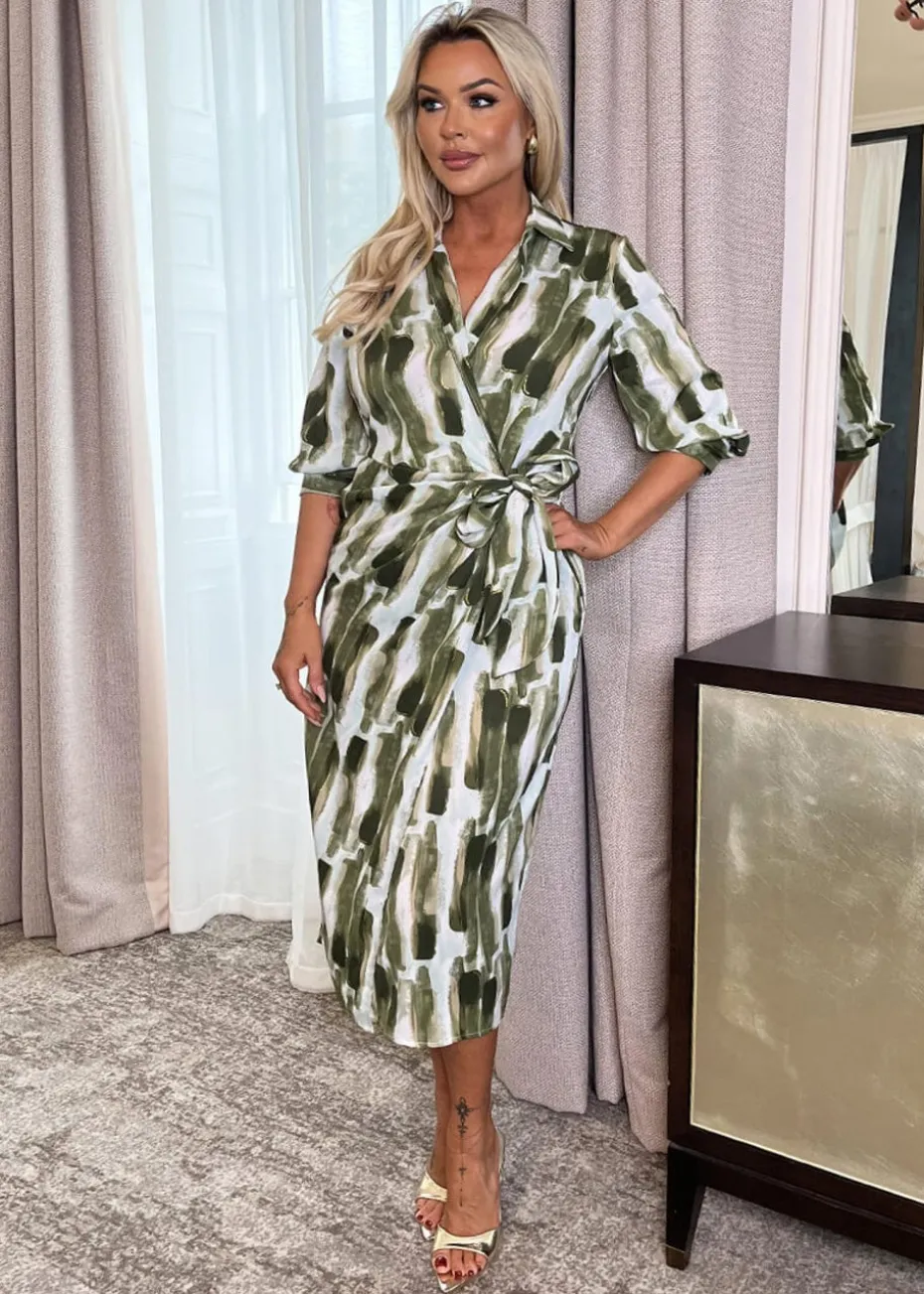 AX Paris Khaki Brush Stroke Print 3/4 Sleeve Tie Waist Wrap Shirt Midi Dress