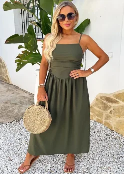 AX Paris Khaki Drawstring Tie Straps Ruched Top Midi Dress