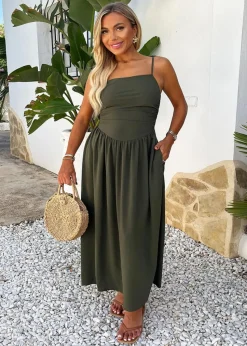 AX Paris Khaki Drawstring Tie Straps Ruched Top Midi Dress
