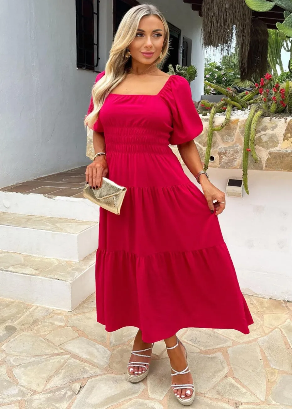 AX Paris Magenta Puff Sleeve Shirred Waist Smock Midi Dress