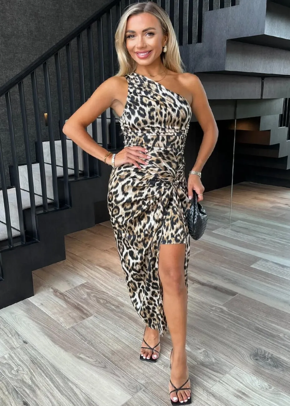 AX Paris Multi Leopard Print One Shoulder Knot Skirt Satin Midi Dress