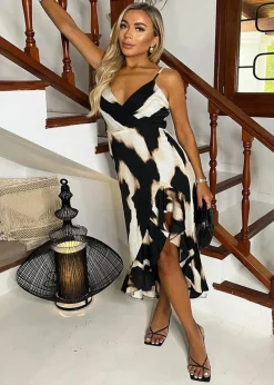 AX Paris Multi Marble Print Strappy High Low Frill Hem Midi Dress
