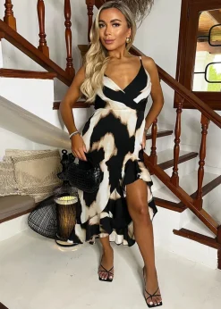 AX Paris Multi Marble Print Strappy High Low Frill Hem Midi Dress