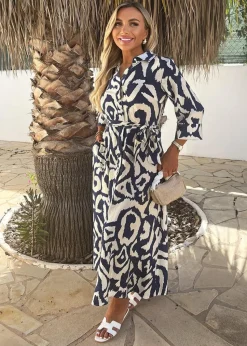 AX Paris Navy & Cream Abstract Print 3/4 Sleeve Tie Waist Shirt Midi Dress