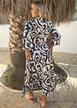 AX Paris Navy & Cream Abstract Print 3/4 Sleeve Tie Waist Shirt Midi Dress