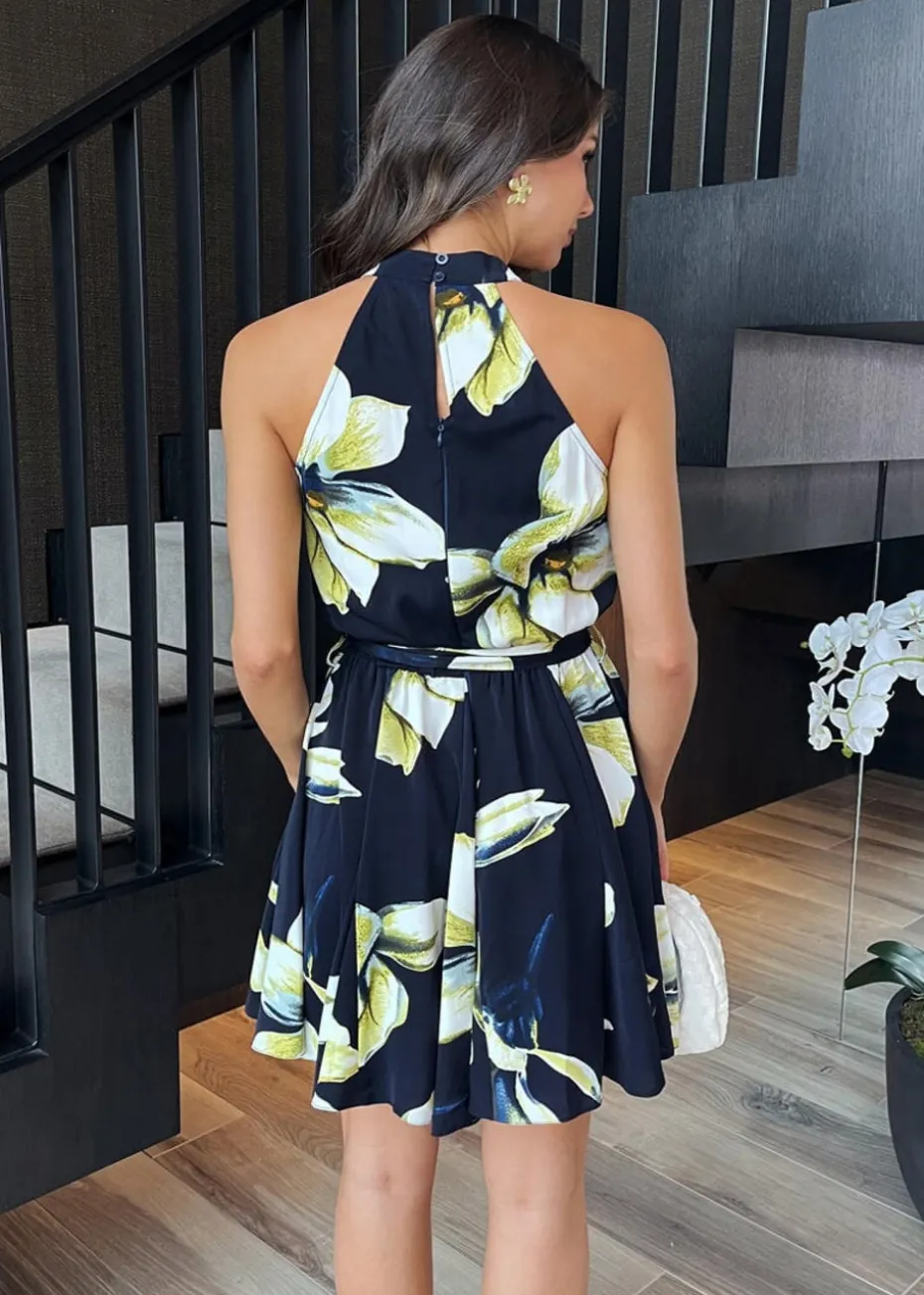 AX Paris Navy Floral Print Halter Neck Tie Waist Mini Dress