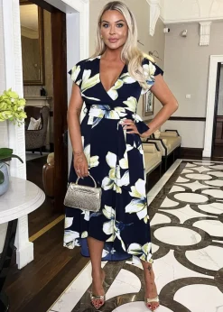 AX Paris Navy Floral Print Short Sleeve Belted Wrap Midi Dress