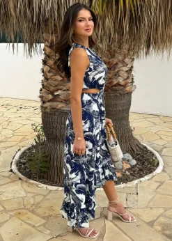 AX Paris Navy Leaf Print Waist Cut Out Frill Hem Midi Dress
