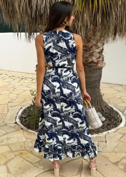 AX Paris Navy Leaf Print Waist Cut Out Frill Hem Midi Dress