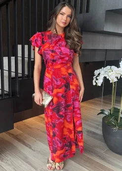 AX Paris Orange Abstract Print Flutter Sleeve Midi Dress