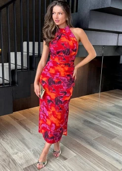AX Paris Orange Abstract Print Halter Neck Draped Waist Midi Dress
