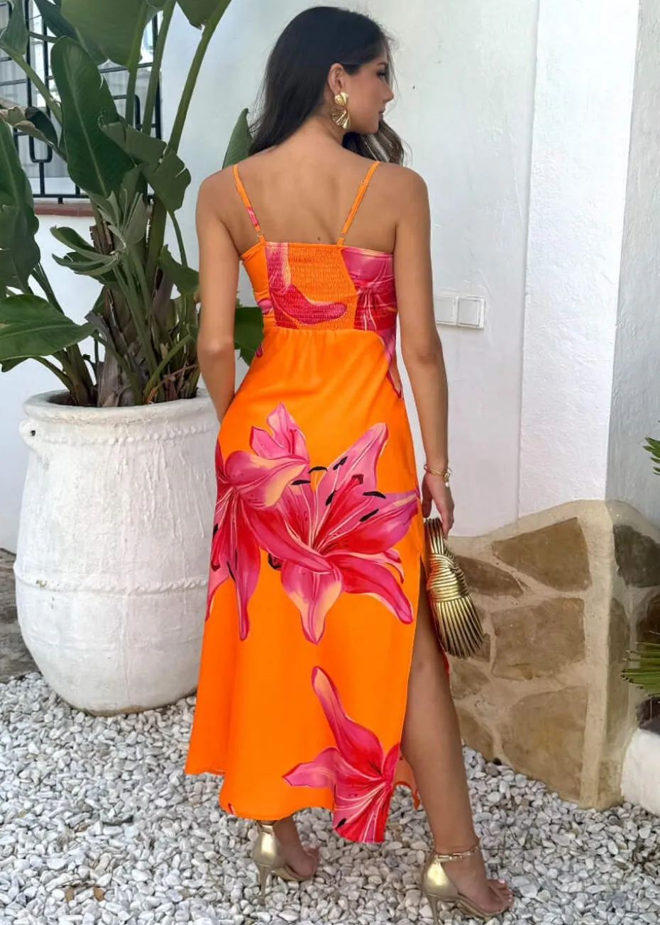 AX Paris Orange And Pink Floral Print Strappy Slip Midi Dress