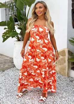 AX Paris Orange Leaf Print Tie Neck Shirred Top Smock Midi Dress