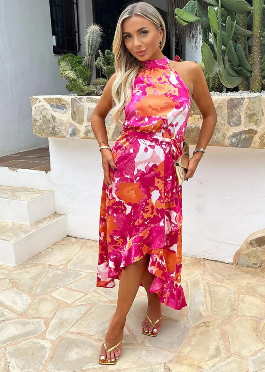 AX Paris Pink Abstract Printed Halterneck Tie Waist Dipped Hem Midi Dress
