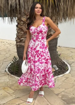 AX Paris Pink Floral Print Shirred Straps Tiered Midi Dress