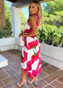 AX Paris Pink Floral Print Wrap Top Gathered Midi Dress