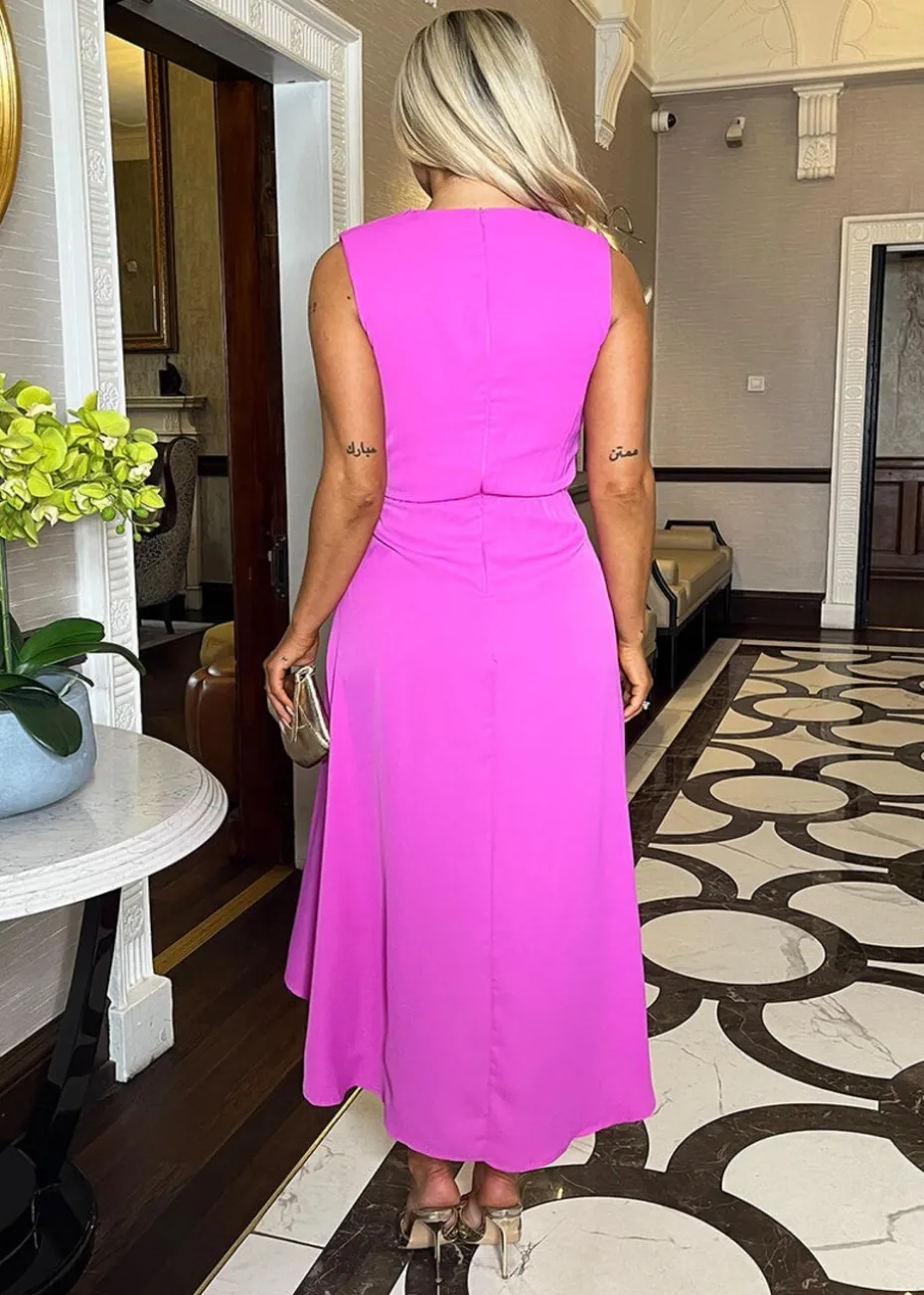 AX Paris Pink Gathered Midi Dress With Shoulder Pads