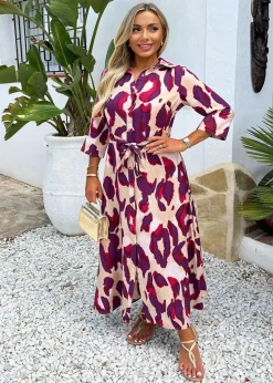 AX Paris Purple Animal Print 3/4 Sleeve Shirt Midi Dress