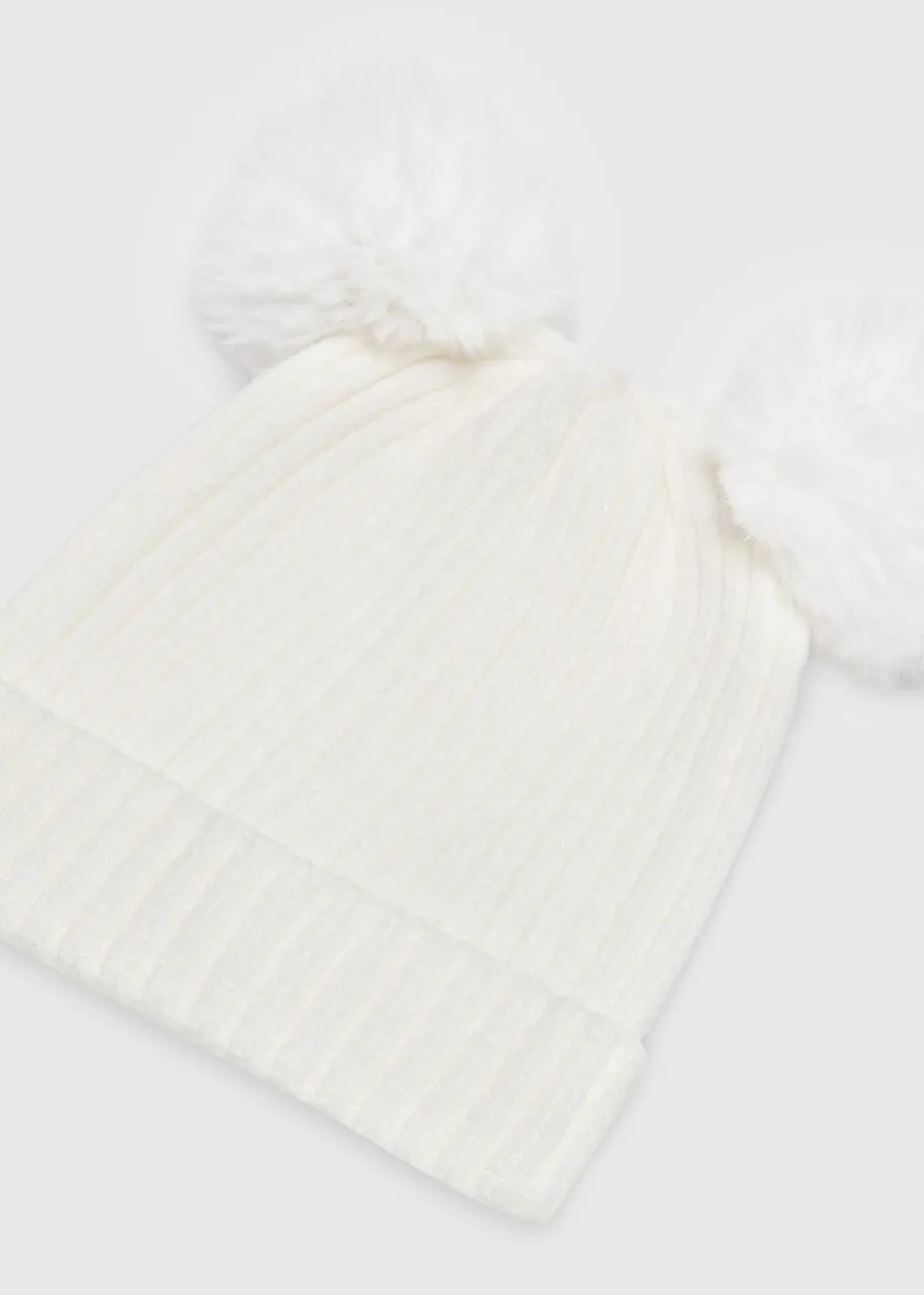 Baby Cream Double Pom Pom Beanie (Newborn-24mths)