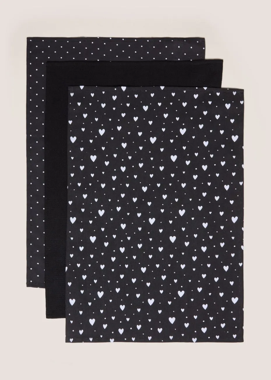 Black 3 Pack Mono Heart Print Tea Towel