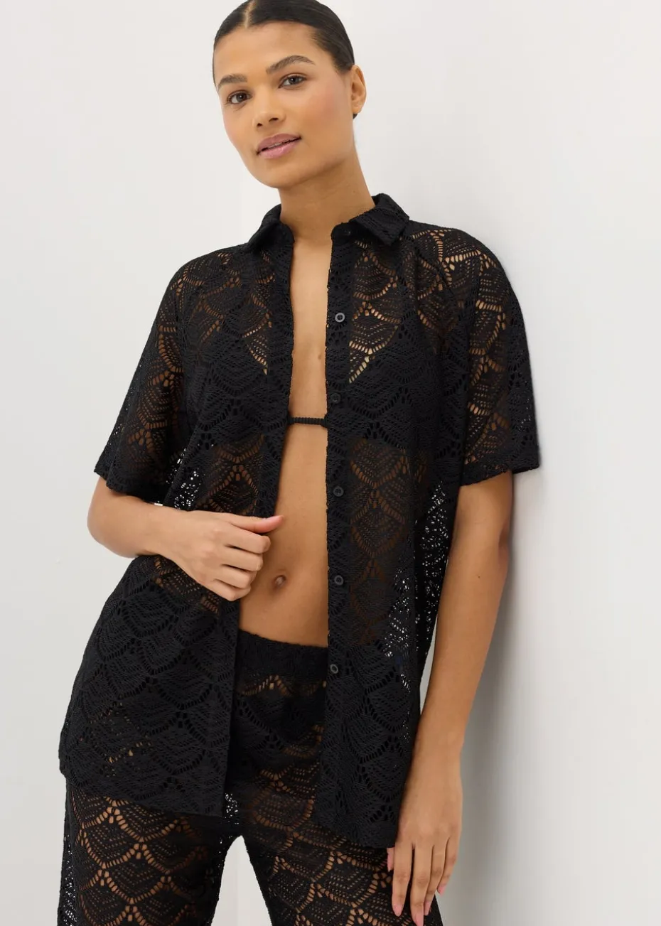 Black Crochet Shirt Top