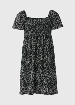 Black Monochrome Floral Shirred Mini Dress