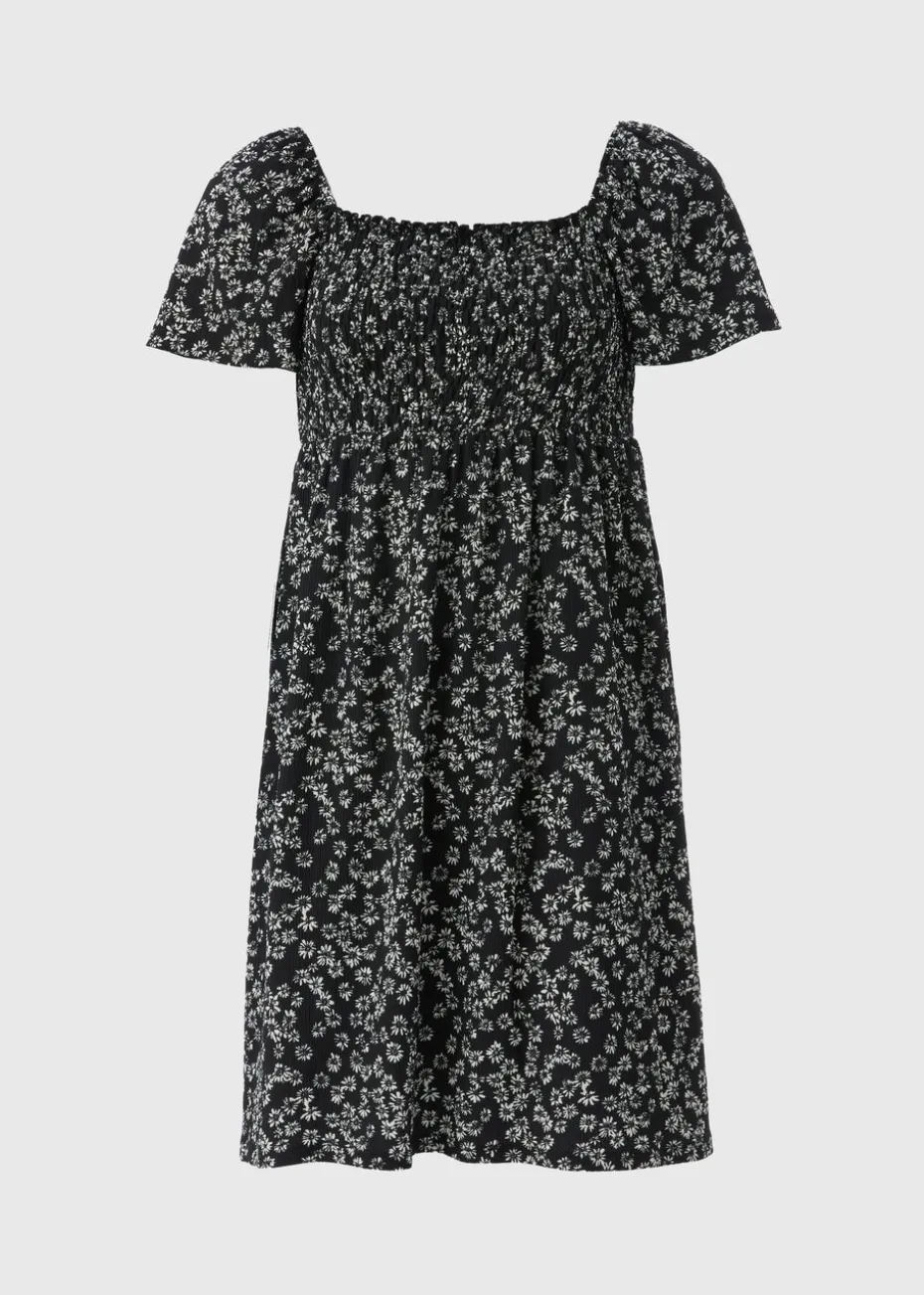 Black Monochrome Floral Shirred Mini Dress